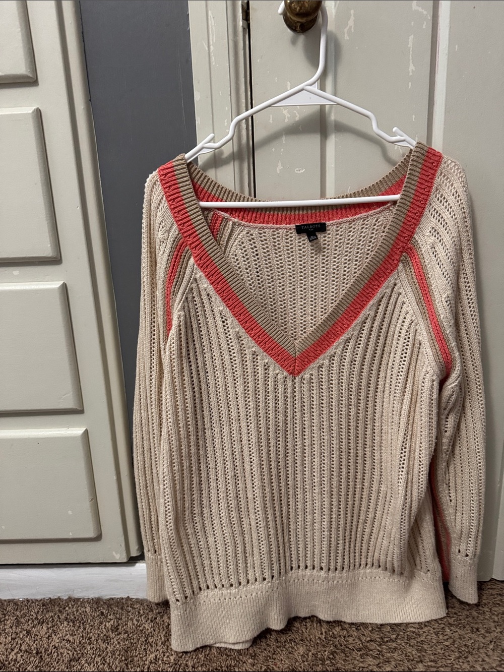 Talbots Cream Open-Knit V‑Neck Sweater with Coral Trim
